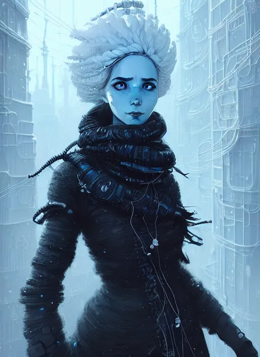 Image similar to highly detailed portrait of a frostpunk long curly white hair tribal lady, stray wiring by atey ghailan, james gilleard, by joe fenton, by greg rutkowski, by greg tocchini, by kaethe butcher, 4 k resolution, gradient blue, black and white color scheme!!! ( ( glaciated robotic dystopian city background ) )