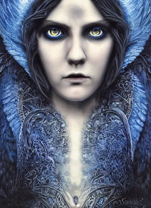 Prompt: Her huge ominous glowing blue eyes staring into my soul , symmetrical realistic face, intricate stunning highly detailed, Seb McKinnon , agostino arrivabene, WLOP, twisted dark lucid dream, 8k portrait render, raven wings, swirling thick smoke , beautiful lighting, dark fantasy art, cgsociety