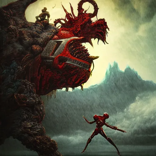 Prompt: digital art of a gigantic Power Ranger fighting a horrific monster, horror art, beksinski, detailed textures and lighting, storm in the background, mountains, action pose, high detail character models, detailed mountains, epic fight, movie quality battle, full view