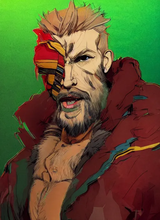 Image similar to Full body portrait of an old muscular man with blonde hair and beard wearing bear skin and red, green and gold jacket. In style of Yoji Shinkawa and Hyung-tae Kim, trending on ArtStation, dark fantasy, great composition, concept art, highly detailed.