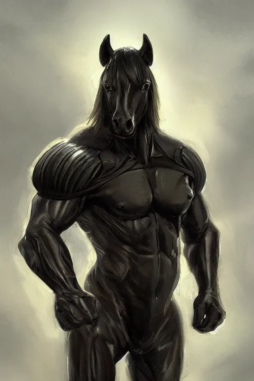 Image similar to an enormously muscular black - coated anthro horse at a research facility wearing skintight body armor, highly detailed, digital painting, artstation, concept art, illustration, art by artgerm, greg rutkowski, wlop