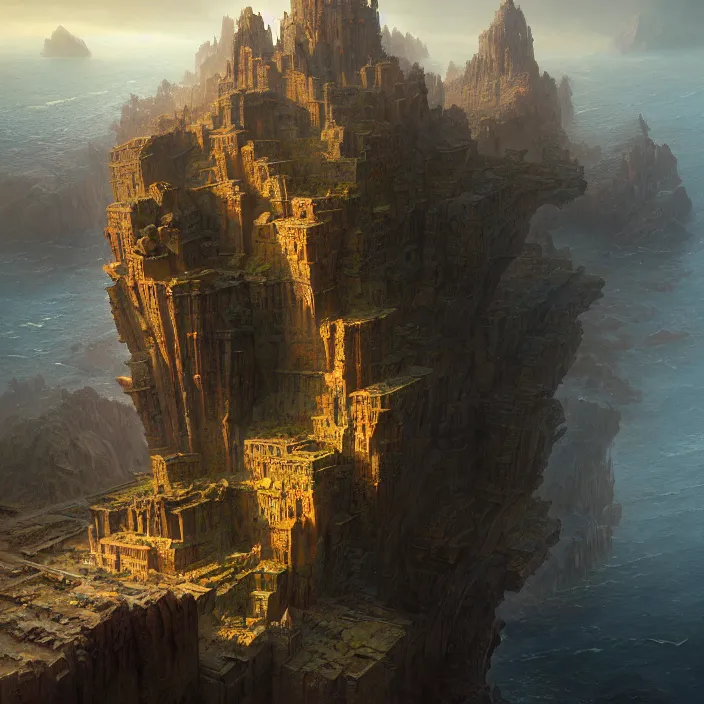 Prompt: matte painting by marc simonetti, jonathan solter, greg rutkowski of a rocky island, masterpiece, cinematic, hyperdetailed, photorealistic, hyperrealism, architecture, aerial view,