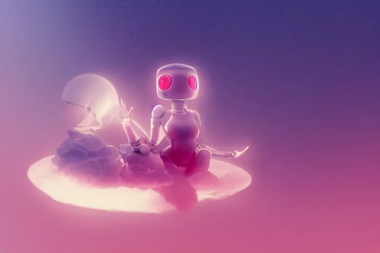 Image similar to a cute robot girl sitting on a cloud relaxing, misty, digital art, hazy, foggy, red lighting, ambient lighting, 8 k,