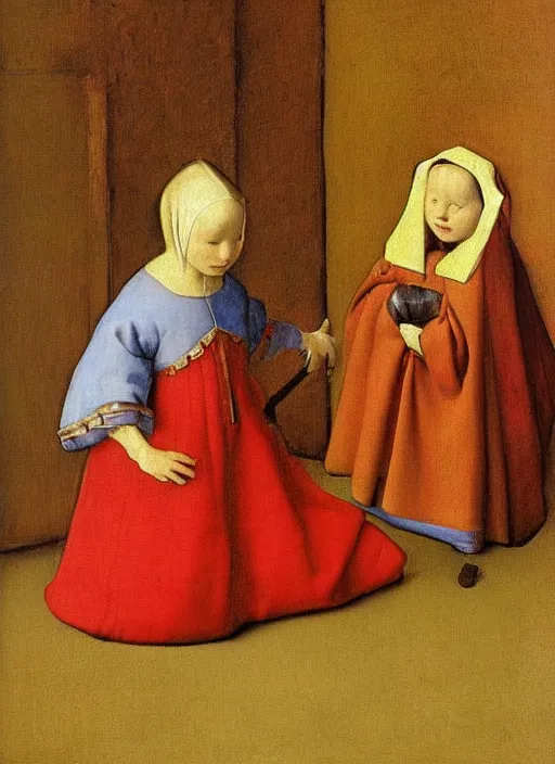 Prompt: red shoes, medieval painting by jan van eyck, johannes vermeer