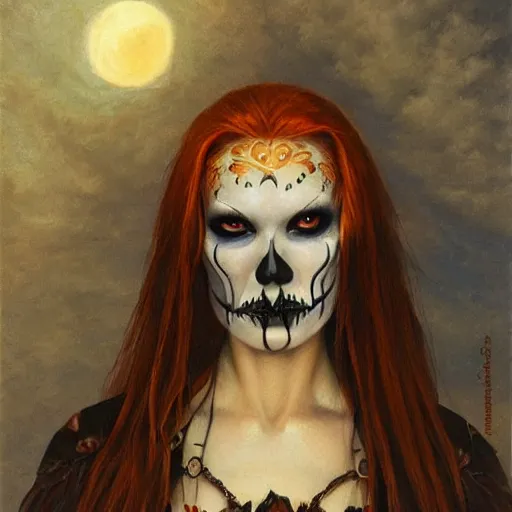 Prompt: ginger woman with skull facepaint and golden eyes, gothic, alphonse much and gerald brom