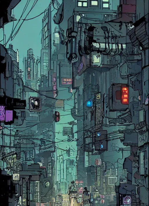 Prompt: cyberpunk city street, mike mignola style, comics, beautiful composition, wide angle, cinematic, volumetric lighting, intricate details