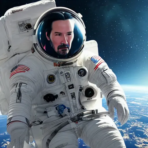 Prompt: keanu reeves in space with astronauts, instagram photo, instagram selfie full hd, 8 k, unreal engine, octane render, hyper detailed, hyper realistic, photorealistic, vfx, houdini, full body