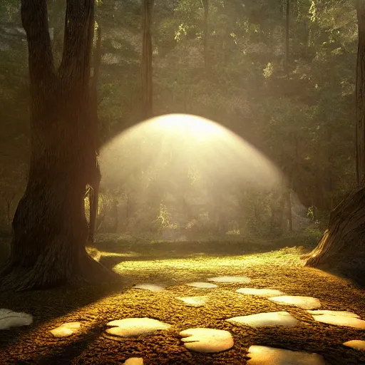 Image similar to photorealistic singular opened door in the middle of a forest that opens to a desert, dynamic lighting, cinematic, ray tracing, sun rays, hyper realism, fantasy concept art