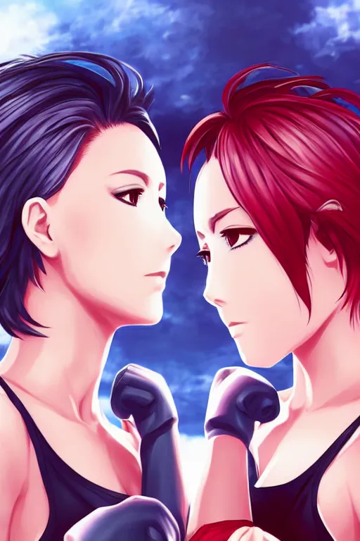 Prompt: two beautiful female fighters with short hair facing each other, detailed anime art