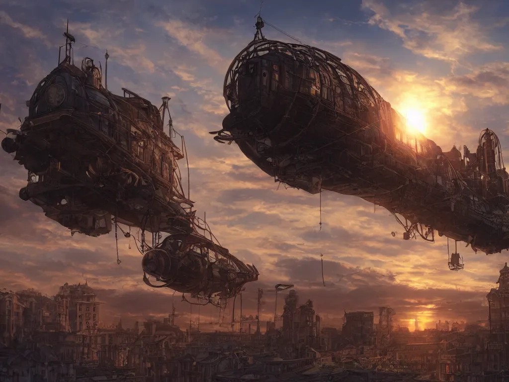 Image similar to a steampunk city, sunset, airship in the sky, clear skies in the distance, hyperreal, artstation