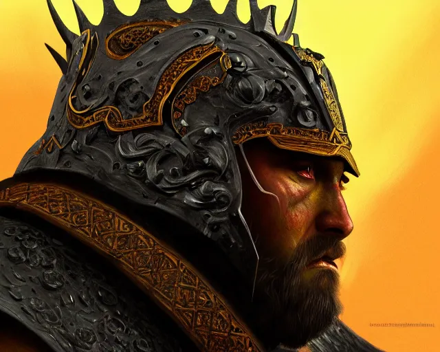 Prompt: realistic side view painting of a king in the mountain, angry, beautiful face, black iron armour, sword, lava, dramatic lighting, intricate, wild, highly detailed, digital painting, artstation, concept art, smooth, sharp focus, illustration