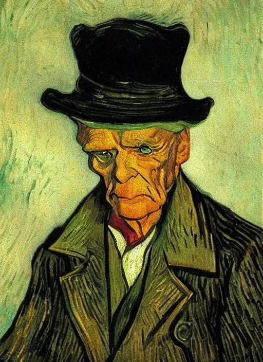 Image similar to lifelike oil painting portrait of ebenezer scrooge by van gogh