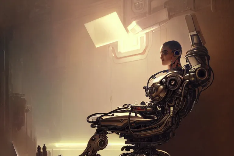 Image similar to ultra realistic, beautiful male cyborg plugged into the internet, sitting in chair, sci - fi, intricate details, eerie, highly detailed, octane render, 8 k, art by artgerm and alphonse mucha and greg rutkowski