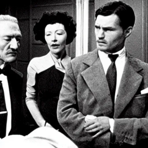 Image similar to film still, Martin Heidegger, George Lucas and Sarah Bernhardt in American Psycho