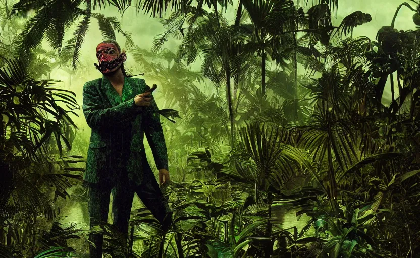 Image similar to snake oil saleman demigod with neon green mask in a swampy jungle landscape, visible sky and humid atmosphere, the salesman's dream by alejandro jodorowsky and denis villeneuve, kodakchrome, cinematic composition, practical effects, 8 k