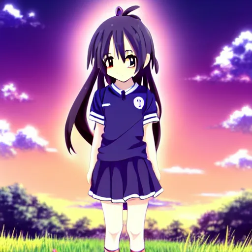 Prompt: A cute young anime girl with long indigo hair, wearing a school soccer uniform, in a large grassy green field, there is a cat next to her, shining golden hour, she has detailed black and purple anime eyes, extremely detailed cute anime girl face, she is happy, child like, Japanese shrine in the background, Higurashi, black anime pupils in her eyes, Haruhi Suzumiya, Umineko, Lucky Star, K-On, Kyoto Animation, she is smiling and happy, tons of details, stretching her legs on the grass, doing splits and stretching, chibi style, extremely cute and smiley and excited