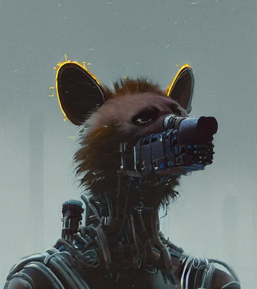 Image similar to new york city portrait of furry anthro anthropomorphic spotted hyena head animal person fursona wearing clothes strange cybernetic muzzle gloomy rainy screenshot from the video game cyberpunk 2077 digital art by Greg Rutkowski, Simon Stalenhag, christopher nolan trending on Artstation, CGSociety