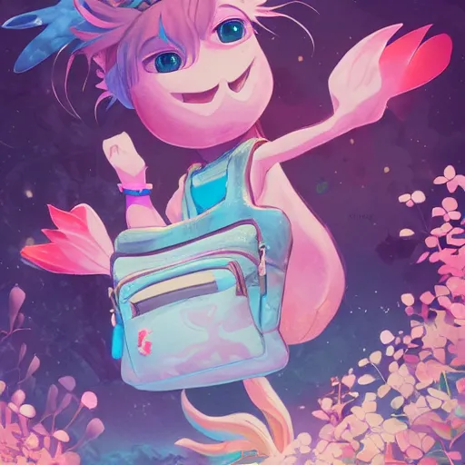 Prompt: portrait of a cute anthropomorphic cartoon axolotl, anime inspired eyes, wearing a fanny pack, highly detailed, colorful, fantasy setting, digital painting, art by loish, rossdraws, makoto shinkai.