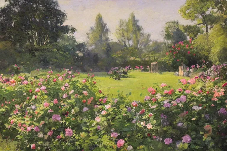 Prompt: rose garden in the morning sun, award winning by henrietta rae and raphael!