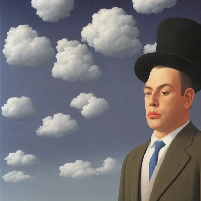 Image similar to portrait of a man made out of clouds in a suit, by rene magritte, detailed painting, hd, hq, high resolution, high detail, 4 k, 8 k