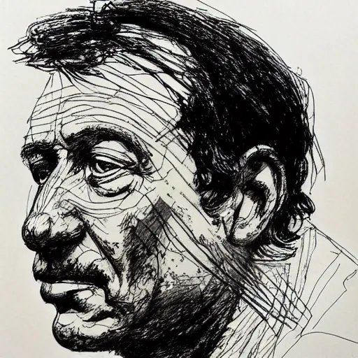 Image similar to a realistic yet scraggly portrait sketch of the side profile of a stern and sophisticated gene ween, trending on artstation, intricate details, in the style of frank auerbach, in the style of sergio aragones, in the style of martin ansin, in the style of david aja, in the style of mattias adolfsson