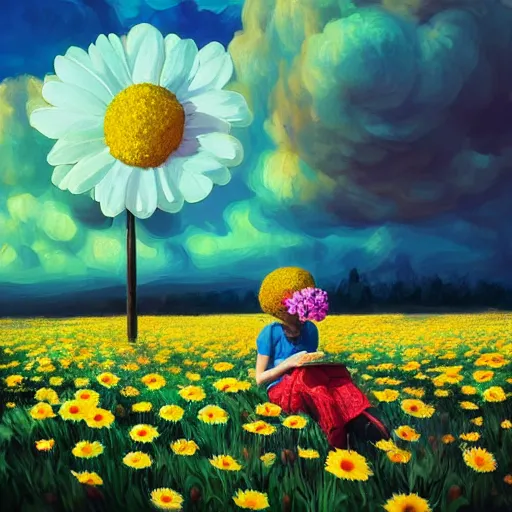 Image similar to giant daisy flower as head, girl sitting in a flower field, surreal photography, sunrise, dramatic light, impressionist painting, colorful clouds, digital painting, artstation, simon stalenhag