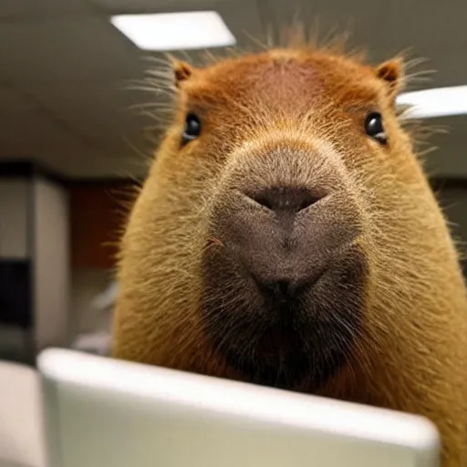 Prompt: a capybara in front of a computer holding a computer