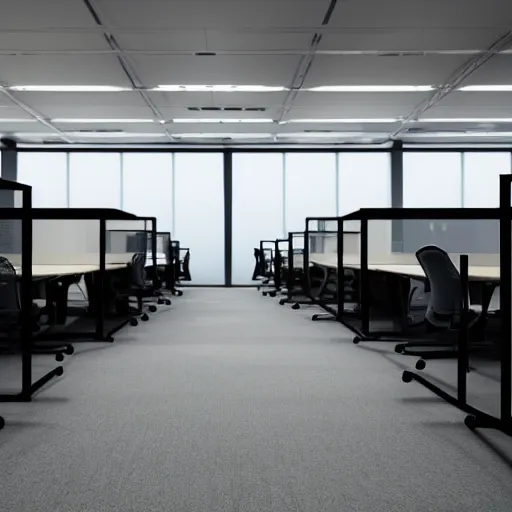 Image similar to HD photo of an office full of cubicles. The scene is dark and foreboding. A thin layer of fog covers the floor. Dark shapes of office workers move in the background.