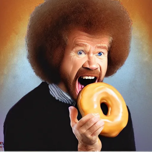 Image similar to angry bob ross screaming because someone at his donut