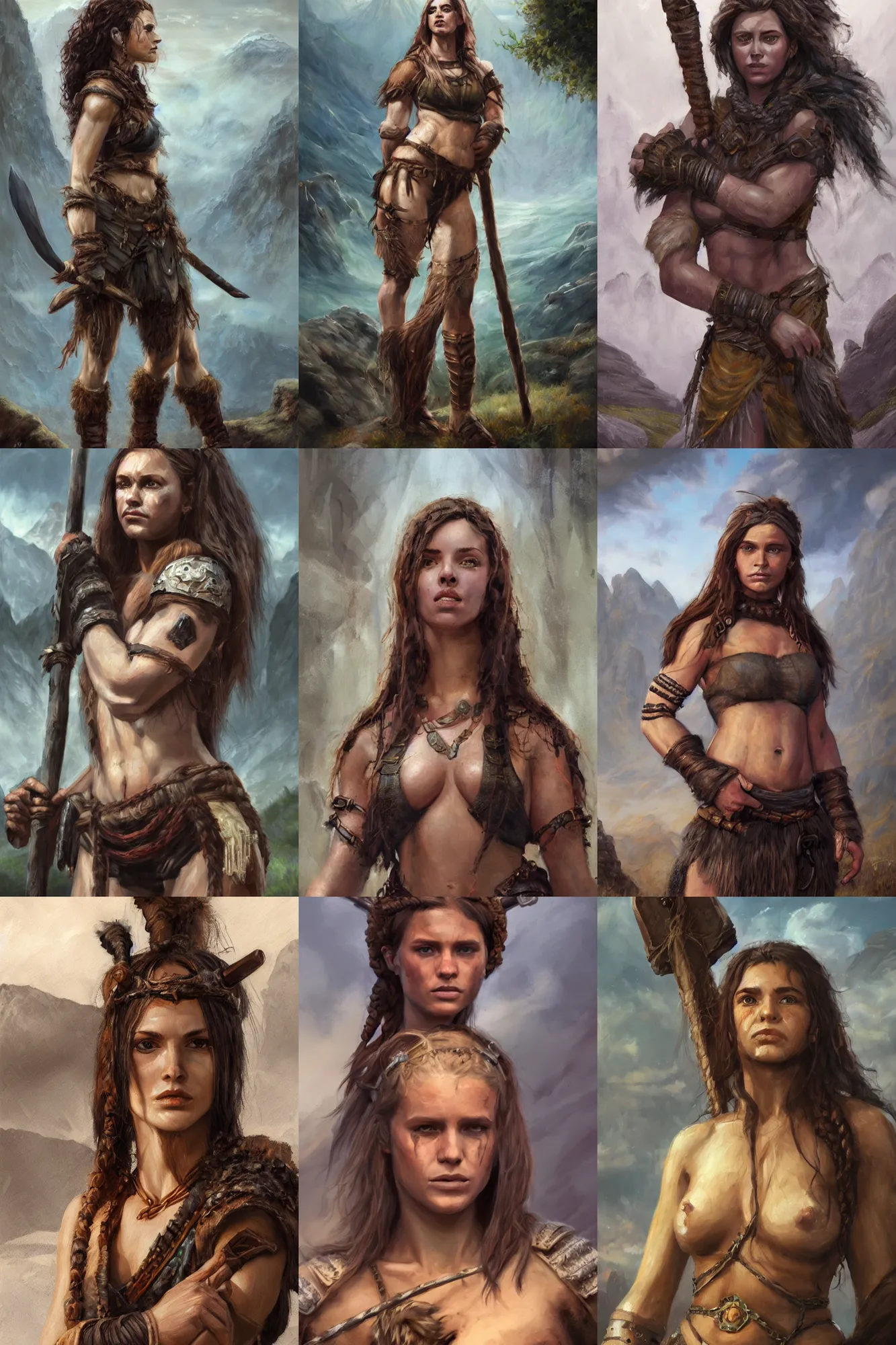 Prompt: a full body high detail fantasy portrait oil painting illustration of a beautiful young rugged stoic barbarian woman by justin sweet with face and body clearly visible, in a scenic background, pupils visible, realistic proportions, d & d, rpg, forgotten realms, artstation trending, high quality, sombre mood, artstation trending, muted colours, entire person visible!