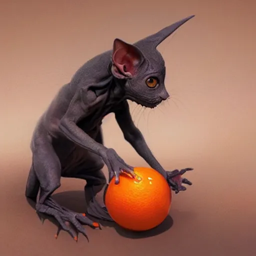 Image similar to An adorable hairless goblin cat stealing an orange, by Stanley Artgerm Lau, WLOP, Rossdraws, James Jean, Andrei Riabovitchev, Marc Simonetti, and Greg Rutkowski, trending on artstation