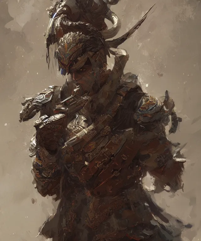 Image similar to beautiful painting of a mascular hunter warrior, intricate and detailed,, trending on deviantart and artstation, wlop, craig mullins, henry ascensio