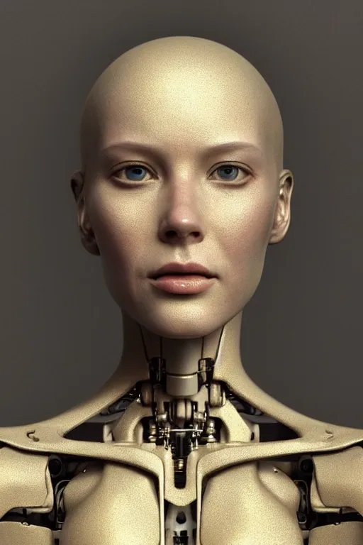 Image similar to beautiful portrait of a female robot, dystopian, biopunk, detailed skin, digital painting, sculpted in zbrush, artstation, concept art, smooth, sharp focus, illustration, chiaroscuro, soft lighting, peaceful ambient, golden ratio, rule of thirds, fibonacci, incredible art by Stanley Artgerm Lau and Greg Rutkowski, composition by mike mignola and Simon Stalenhag,