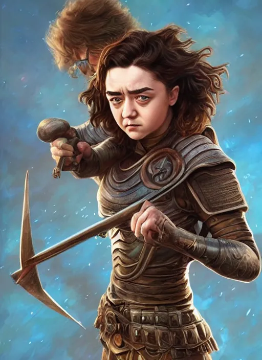 Prompt: Maisie Williams as a ruggedly muscled handsome heroine, rainbow background, intricate, elegant, highly detailed, centered, digital painting, artstation, concept art, smooth, sharp focus, illustration, artgerm, donato giancola, Joseph Christian Leyendecker, WLOP, Artgerm, thunder storm