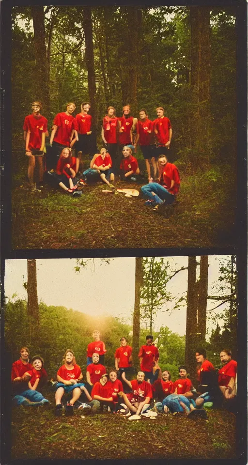 Image similar to polaroid photo of 9 0's highschool teenagers camping in the woods by a river holding red cups, sunset, campfire, realistic, grainy image, iso 1 6 0 0, blurred