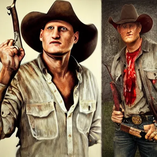 Image similar to portrait painting [ woody harrelson ] from zombieland with a cowboy hat and bloody golf club, ultra realistic, concept art, intricate details, eerie, highly detailed, photorealistic, octane render, 8 k, unreal engine. art by artgerm and greg rutkowski and alphonse mucha