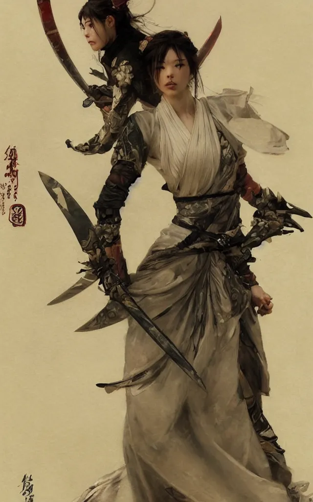 Image similar to modern elegant female samurai ninja, with large sword, feminine, powerful, beautiful, upper body, muscular, wide leg hakama trousers, highly detailed, by gaston bussiere, mucha, gerome, craig mullins, greg rutkowski, john singer sargent