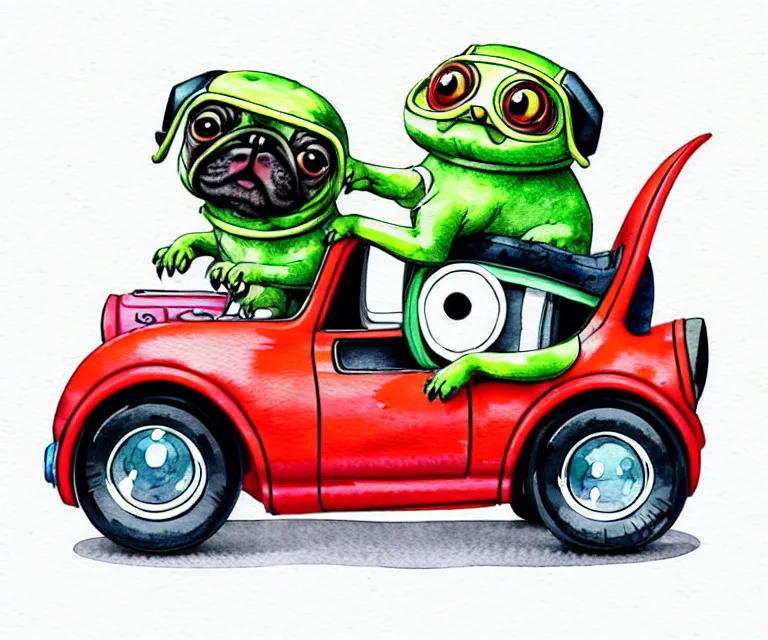 Image similar to cute and funny, pug wearing a helmet riding in a tiny hot rod with oversized engine, ratfink style by ed roth, centered award winning watercolor pen illustration, isometric illustration by chihiro iwasaki, edited by range murata, symmetrically isometrically centered