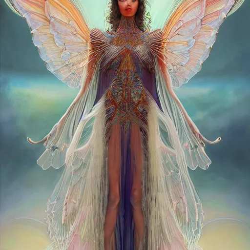 Image similar to a beautiful symmetrical woman full body wearing a kaftan dress with translucent wings by alex gray and android jones , Karol Bak, Ayami Kojima, Amano , concept art, character design, fantasy,3D, 8k resolution