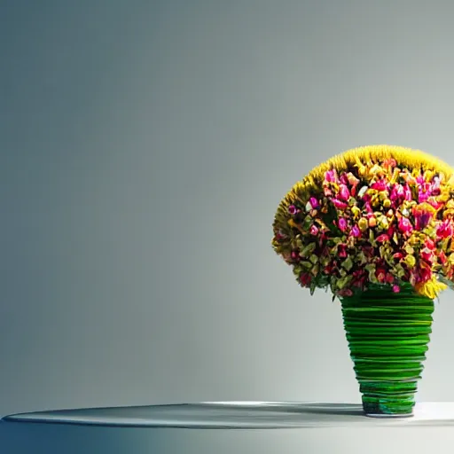 Prompt: An ultra high definition studio photograph of an alien flower in a simple vase on a plinth. The flower is multicoloured iridescent. High contrast, key light, 70mm.