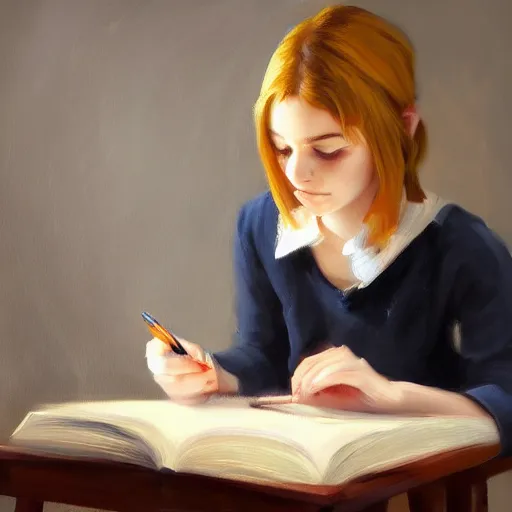 Prompt: catgirl studying from a textbook, expressive oil painting, emotions, beautiful lightning, digital art, trending on artstation