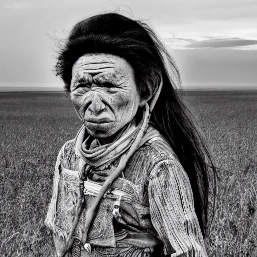 Image similar to steppe people raider elongated cranium protester face style photo black and white wide angle lense