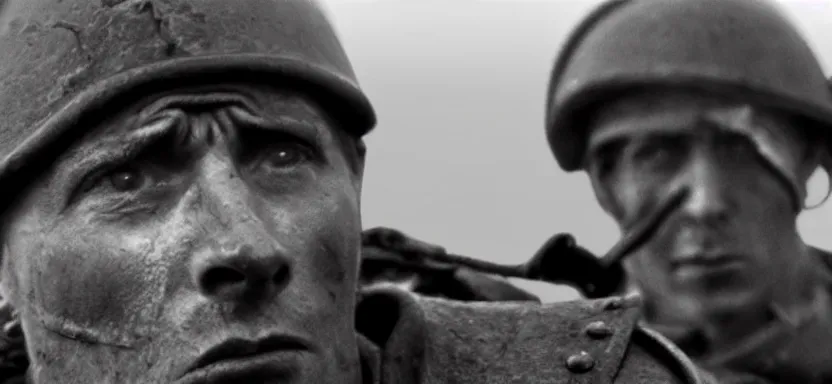 Prompt: horrified World War 1 soldier close-up, IMAX cinematic film still