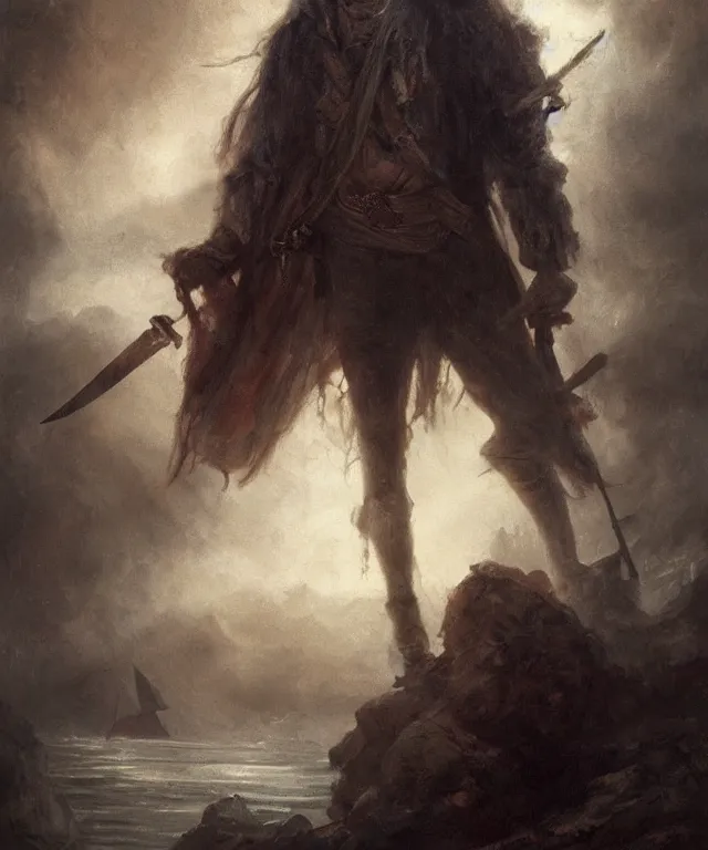 Image similar to ultra realistic color portrait painting of a tranparent 1 7 th century pirate ghost with a sword in a grotto, dark, painted, brooding, atmospheric, seascape, horror, smooth, epic, highly detailed, cinematic, by leesha hannigan, ross tran, thierry doizon, kai carpenter