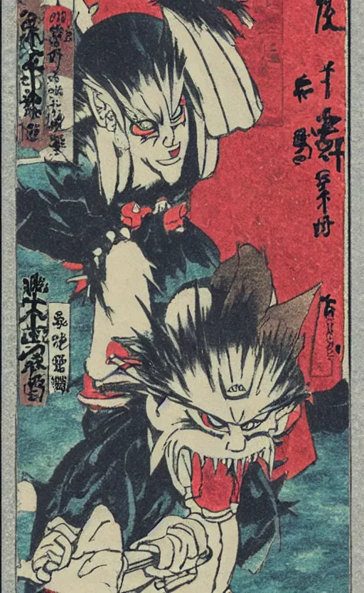 Prompt: by akio watanabe, manga art, a tengu demon walk quickly, abandoned japaense village, trading card front