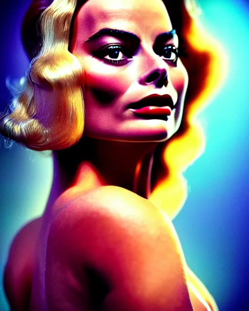 Prompt: low angle closeup beautiful very seductive margot robbie retro scifi goddess pinup, action glamour pose, windblown dark hair, hyper detailed, digital art, studio lighting, smooth, ambient lighting, sharp focus, frank miller, wlop, anna dittmann, moebius!, alphonse mucha, patrick nagle!!, rim lighting, synthwave