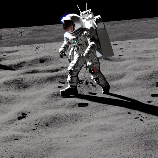 Image similar to space marine wearing armored space suit running into combat on the moon's surface, taken from a camera at eye level