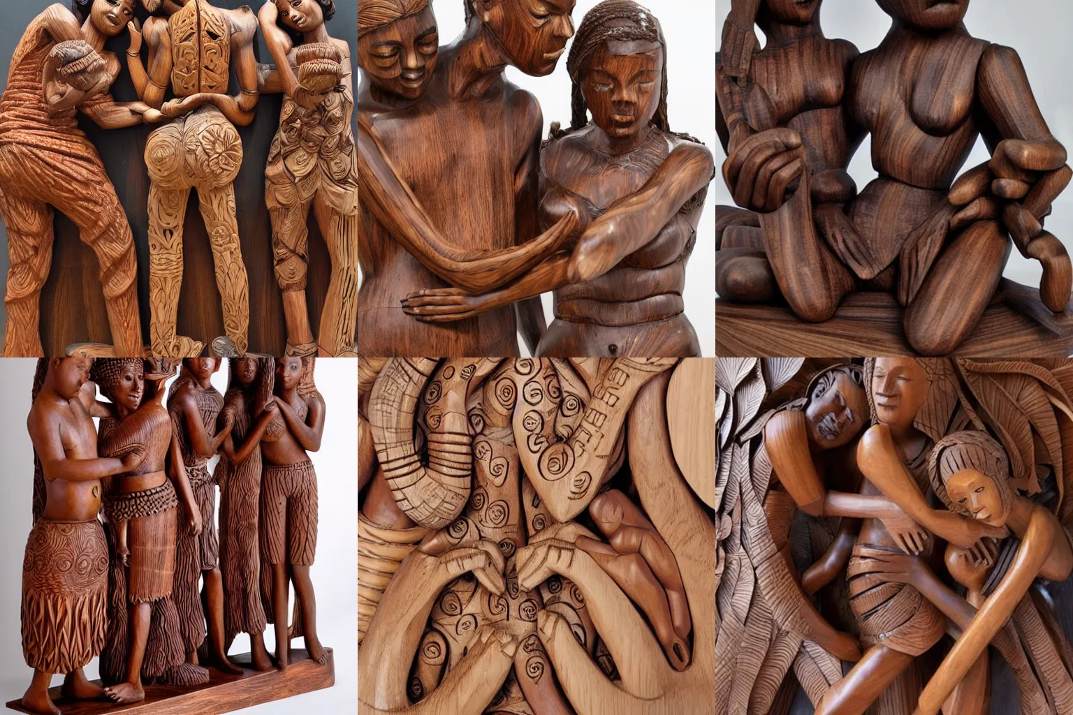 Prompt: intricate wood sculpture of beautiful racially diverse people caressing sensually