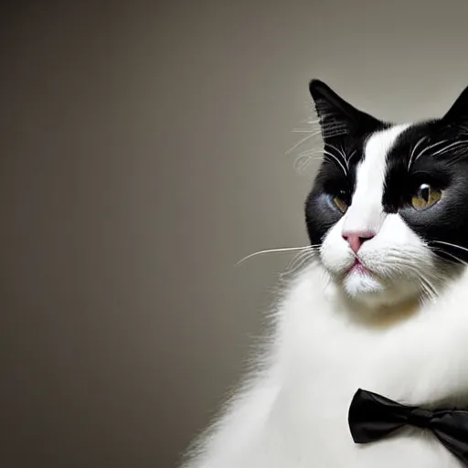 Prompt: fluffy tuxedo white cat portrait, white cheeks, aesthetic highly detailed soft fur and paws, professionally shot photorealistic 8k photograph, 35mm Canon EOS R3, rendered in octane, by Natalie Große and Jason Allison