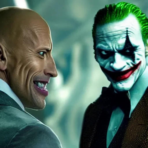 Image similar to still of Dwayne Johnson as Joker in new Joker film, arguing with Batman